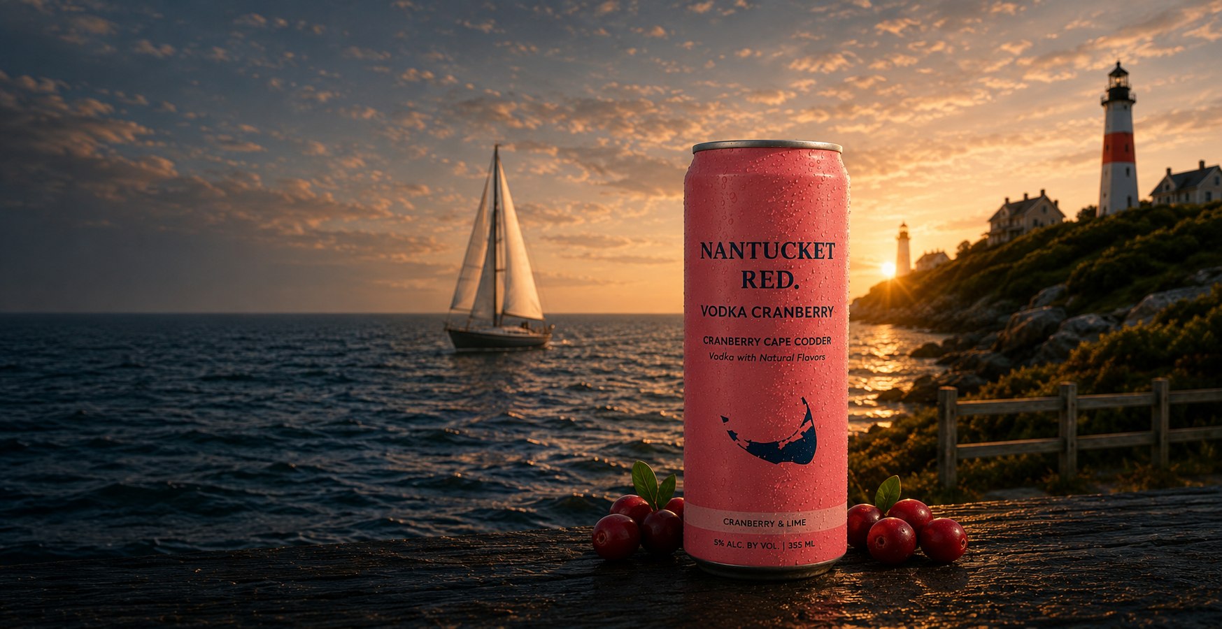 Nantucket Red® Vodka Cranberry can on a dock with sailboat and lighthouse